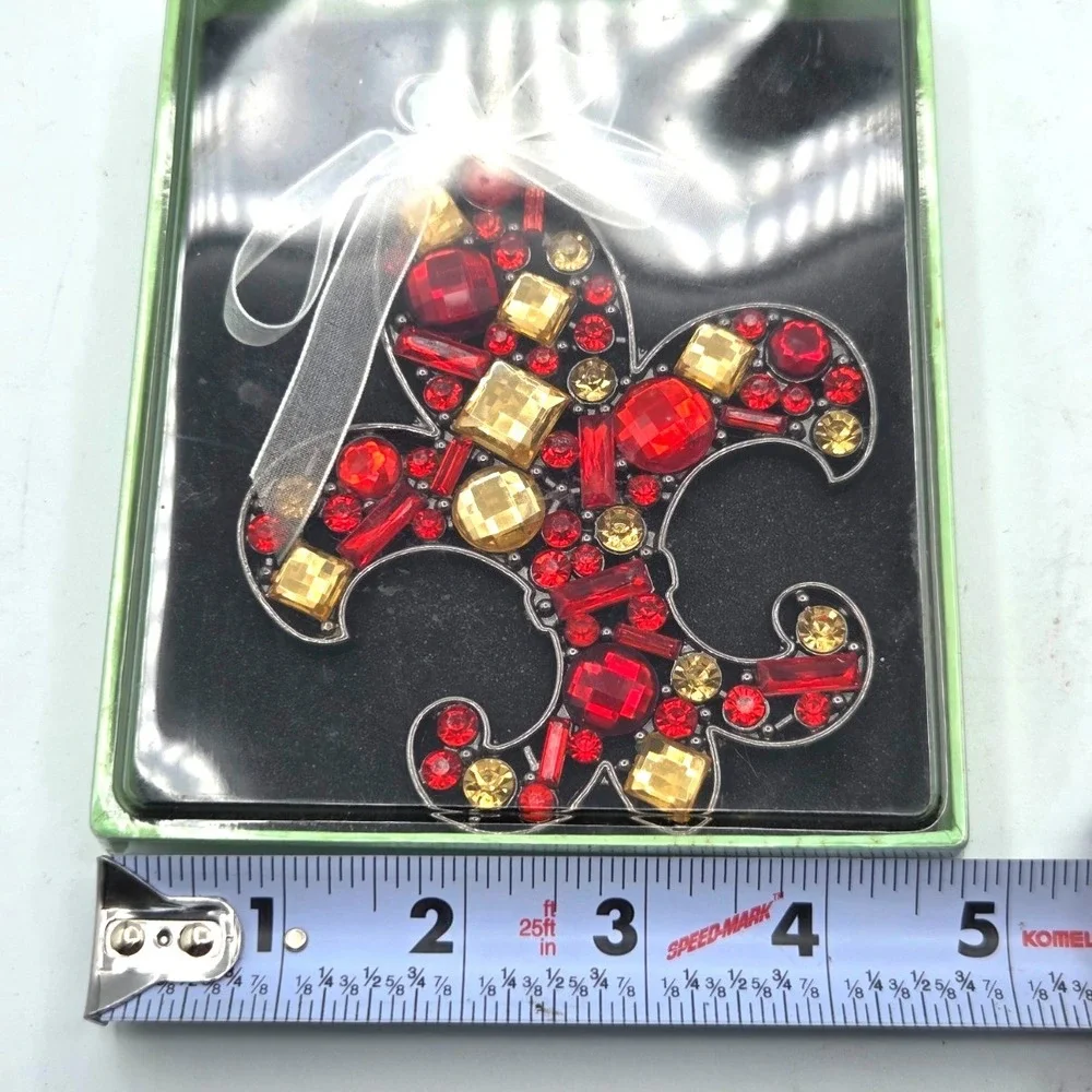 STUNNING Fleur De Lis Christmas Ornament Metal with Red and Gold Stones